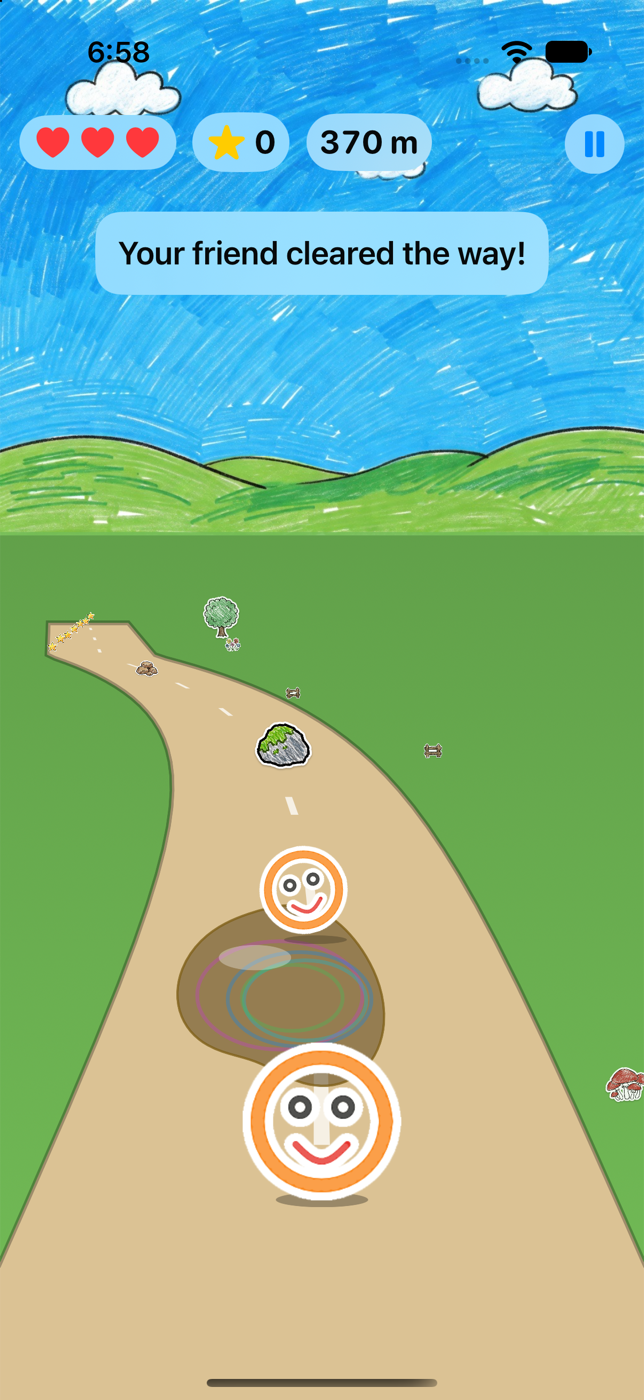 Scribble Run on iPhone: the hero runs down a road through a meadow